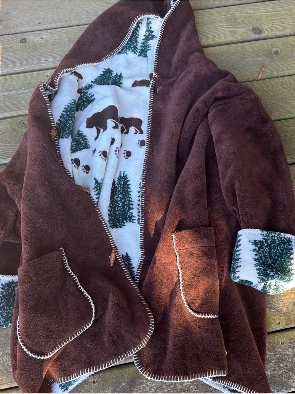 Vtg Denali fleece coat Cottagecore XL hooded bear trees blanket Grandmacore